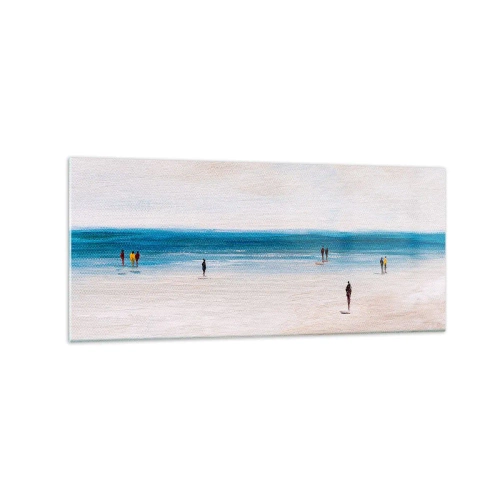 Obraz na szkle - Plaża z ludźmi na tle spokojnego morza - 120x50cm - Naturalna potrzeba - Nowoczesna dekoracja ścienna do salonu i sypialni ARTTOR