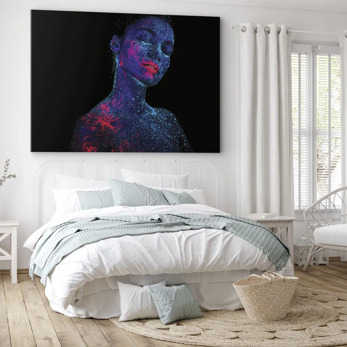 Obraz na płótnie - Portret kobiety w neonowych kolorach na czarnym tle - 70x50cm - W gwiezdnym pyle - Nowoczesna dekoracja ścienna do salonu i sypialni ARTTOR