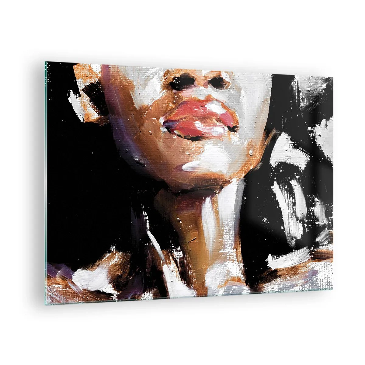 Obraz na szkle - Zbliżenie kolorowego portretu kobiety w stylu ekspresyjnym - 70x50cm - Duma bez uprzedzeń - Nowoczesna dekoracja ścienna do salonu i sypialni ARTTOR