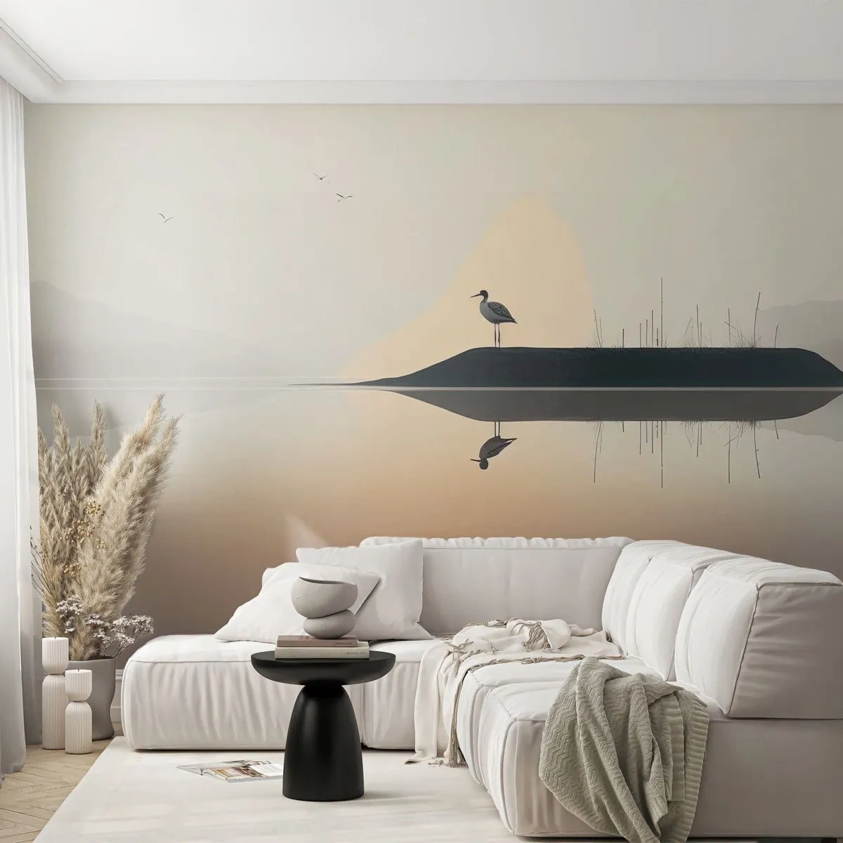 Fototapeta Premium Canvas - Pan na jeziorze - Ptak, Pejzaż, Minimalizm - 450x315 cm