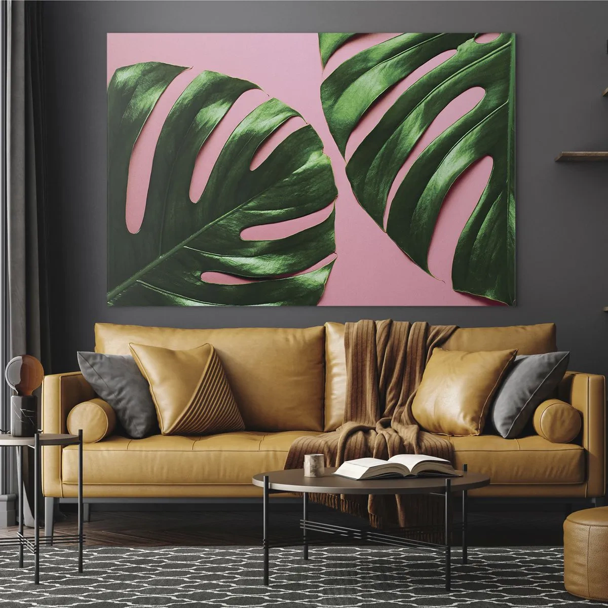 Obraz na szkle - Zielone liście monstery na różowym tle - 70x50cm - Zielone rendez-vous - Nowoczesna dekoracja ścienna do salonu i sypialni ARTTOR