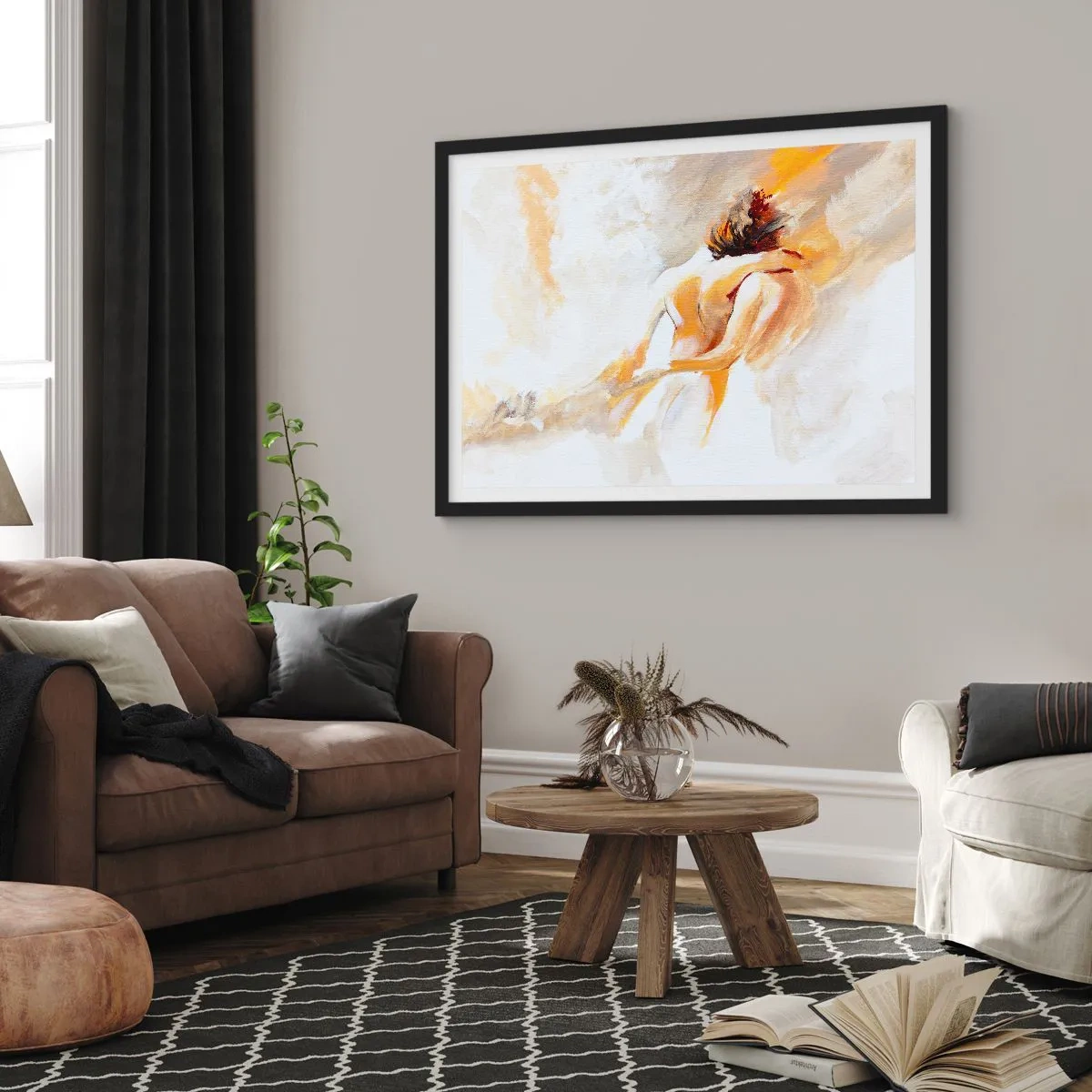 Plakat w czarnej ramie - Abstrakcyjna scena romantycznego uścisku - 100x70cm - W niebie bliskości - Nowoczesna dekoracja ścienna do salonu i sypialni ARTTOR