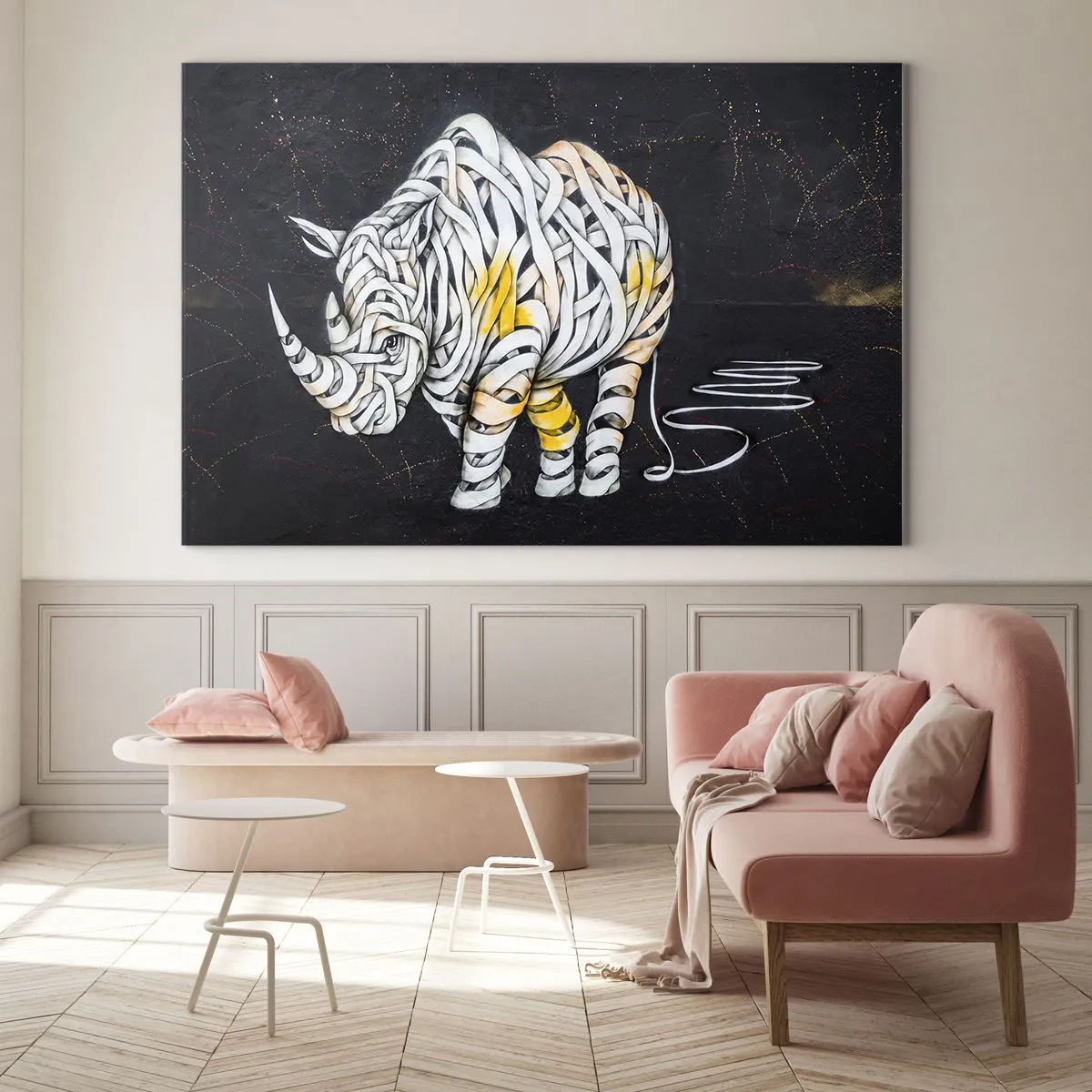 Obraz na szkle - Abstrakcyjny rysunek nosorożca w formie pasków - 120x80cm - Gruboskórność to mit - Nowoczesna dekoracja ścienna do salonu, kuchni i sypialni ARTTOR