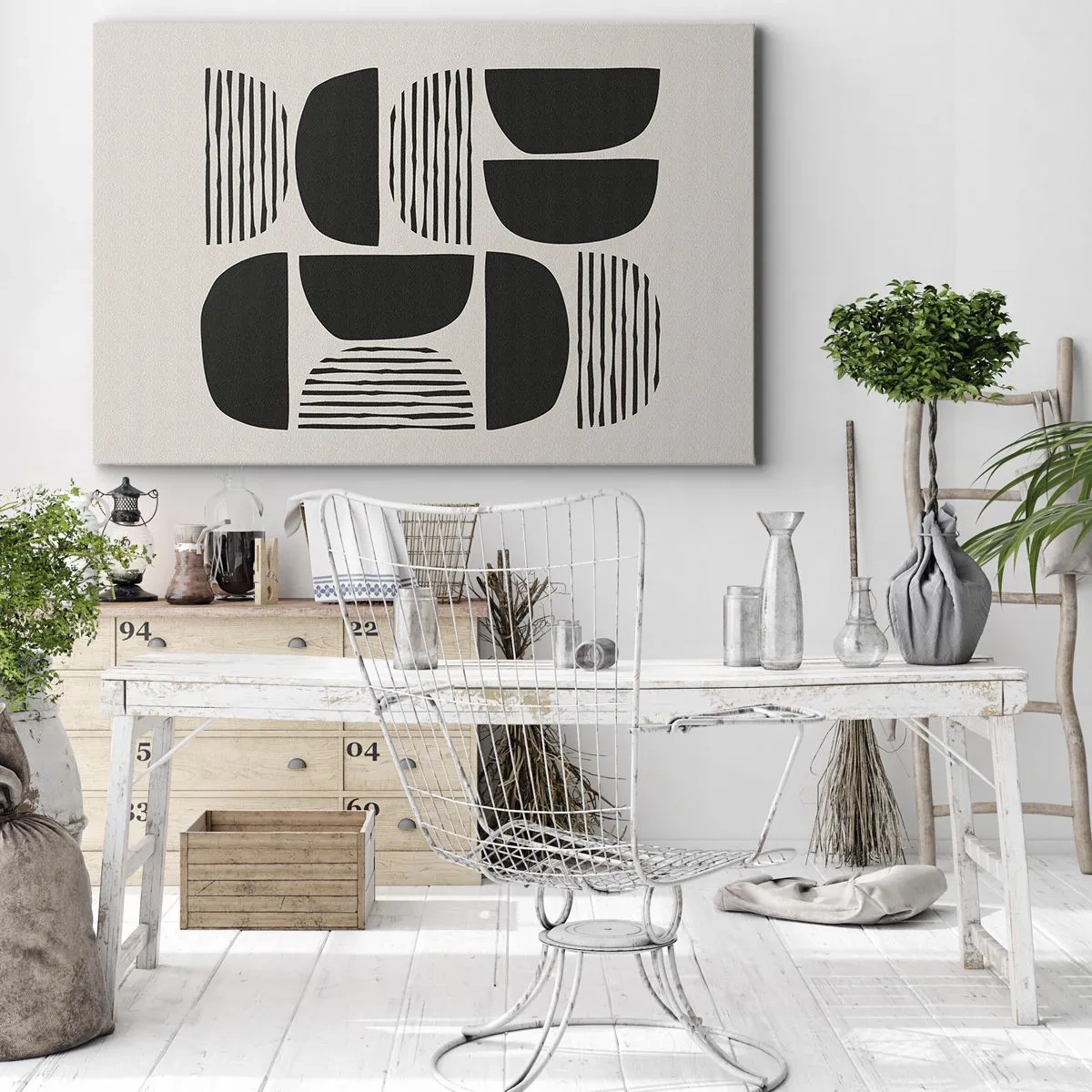 Obraz na płótnie - Geometria z półkolami i liniami w czerni na jasnym tle - 70x50cm - Połowiczne układy - Nowoczesna dekoracja ścienna do salonu i sypialni ARTTOR