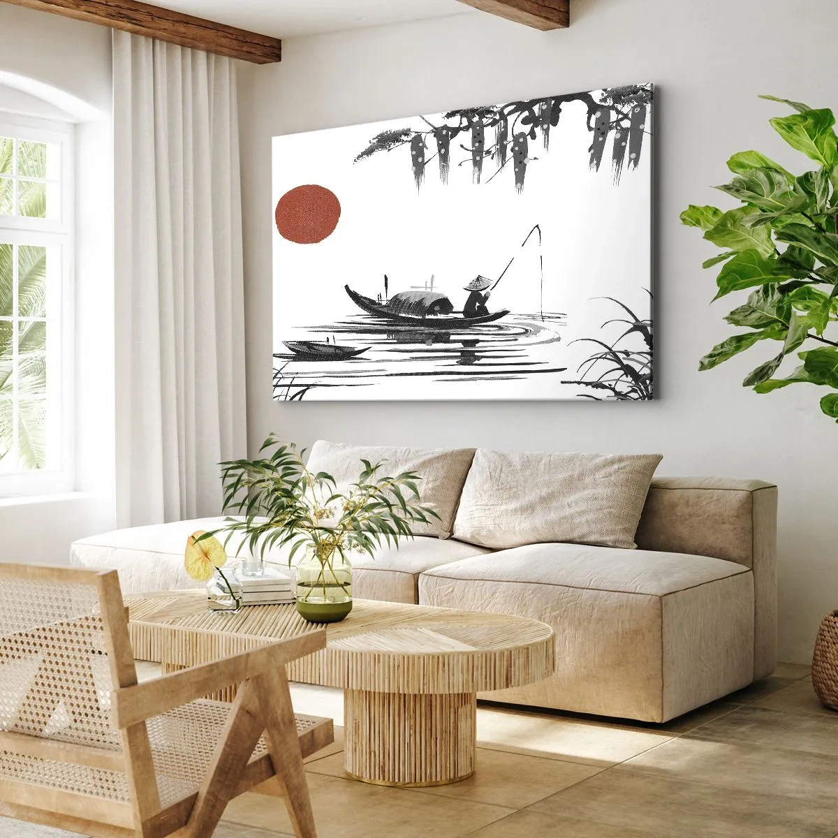 Obraz na płótnie - Orientalny krajobraz z rybakiem na łodzi i czerwonym słońcem - 70x50cm - Azjatyckie popołudnie - Nowoczesna dekoracja ścienna do salonu i sypialni ARTTOR