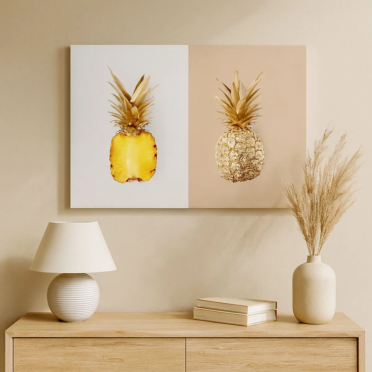 Obraz na płótnie - Połówka świeżego i złotego ananasa na kontrastowym tle - 70x50cm - Ananas dla nas - Nowoczesna dekoracja ścienna do salonu i sypialni ARTTOR