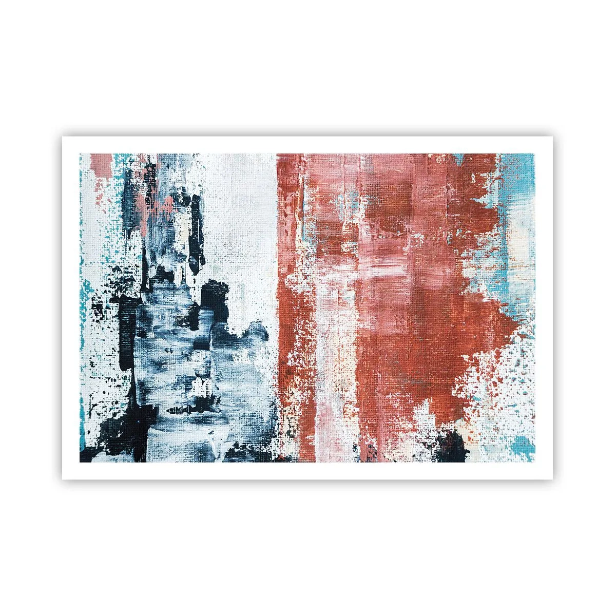 Plakat - Abstrakcja w biało-niebieskich i ceglanych barwach - 100x70cm - Abstrakcyjne pół na pół - Nowoczesna dekoracja ścienna do salonu i sypialni ARTTOR