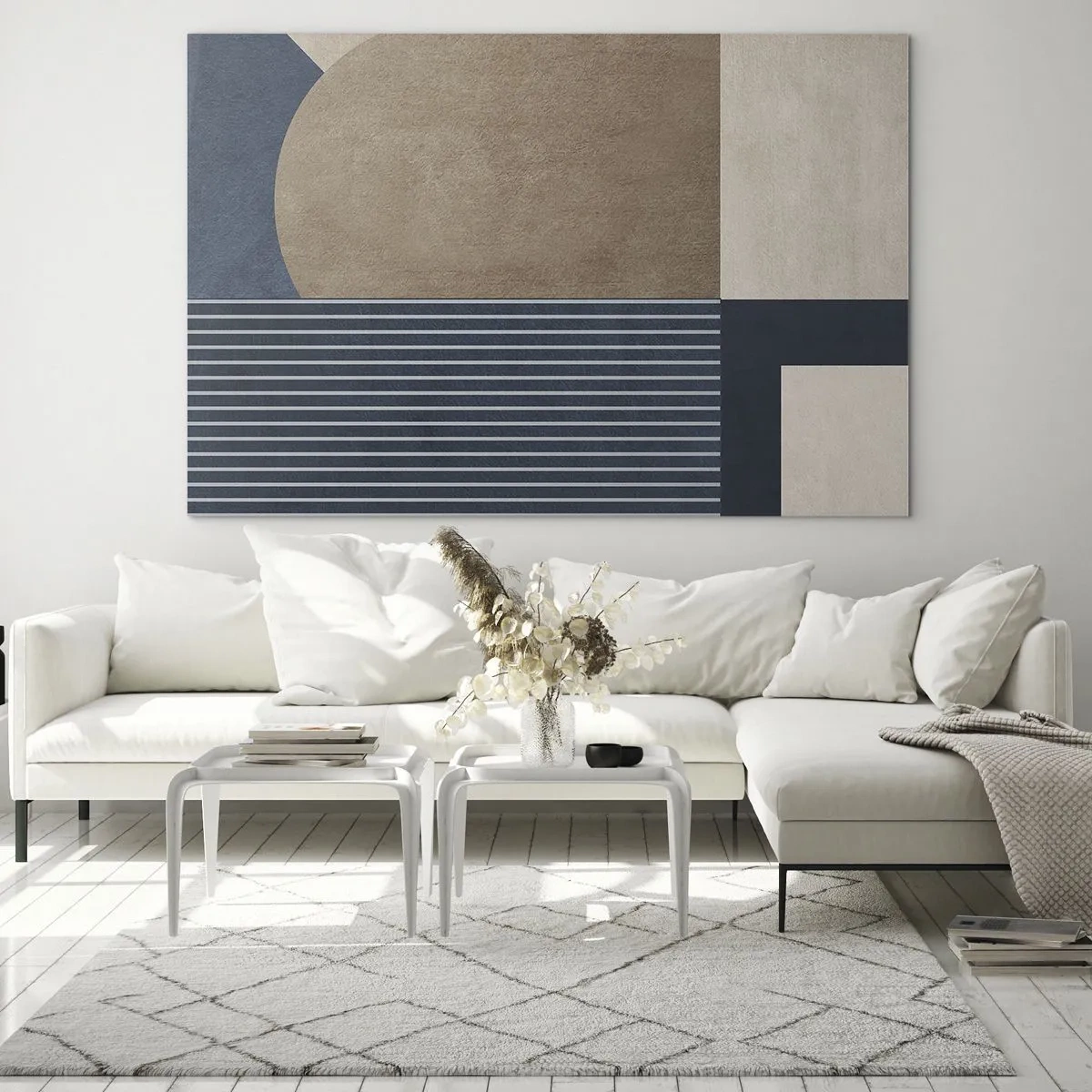 Obraz na szkle - Minimalistyczna forma z kołem i liniami w beżach - 70x50cm - Kompozycja prostoty i krągłości - Nowoczesna dekoracja ścienna do salonu i sypialni ARTTOR