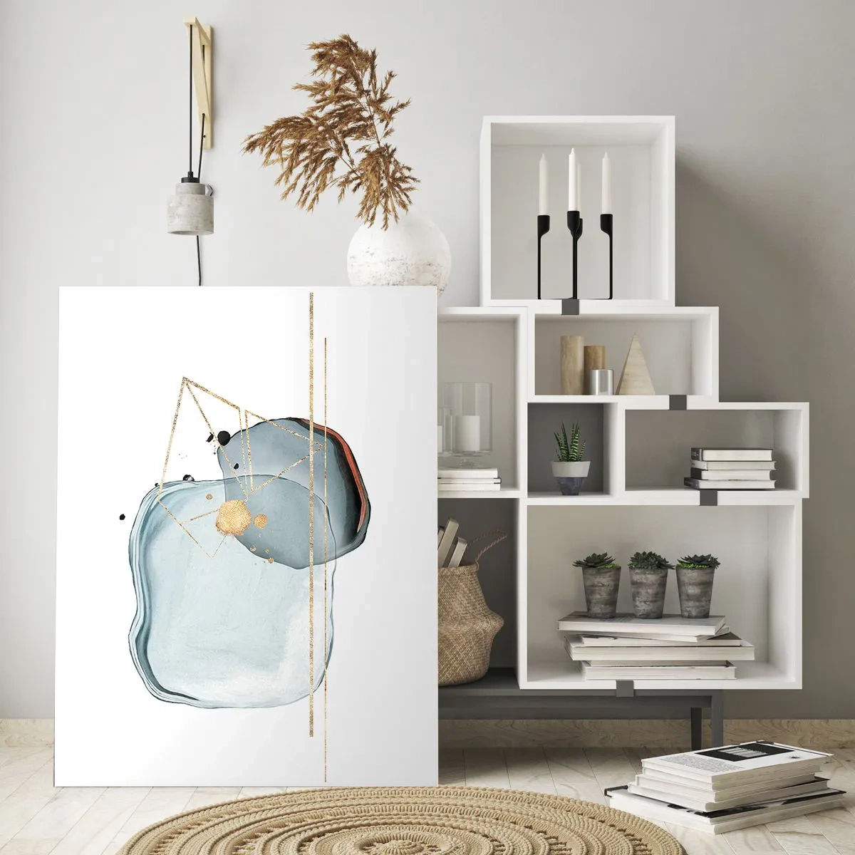 Obraz na szkle - Abstrakcyjne formy w odcieniach błękitu i złota na białym tle - 70x100cm - Studium kropli - Nowoczesna dekoracja ścienna do salonu i sypialni ARTTOR