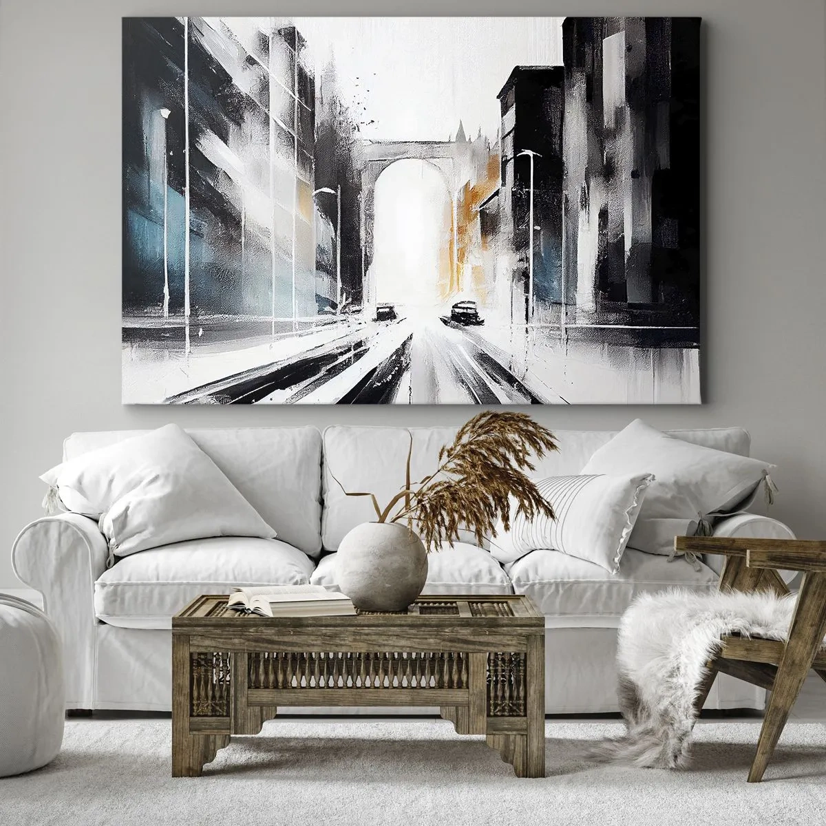 Obraz na płótnie - Abstrakcyjna panorama miasta z łukowym mostem - 70x50cm - Studium miasta: architektura i ruch - Nowoczesna dekoracja ścienna do salonu i sypialni ARTTOR
