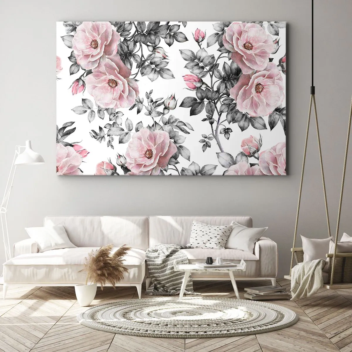 Obraz na płótnie - Różowe róże i liście w delikatnym czarno-białym tle - 70x50cm - Zagubić się w kwiatach róż - Nowoczesna dekoracja ścienna do salonu i sypialni ARTTOR
