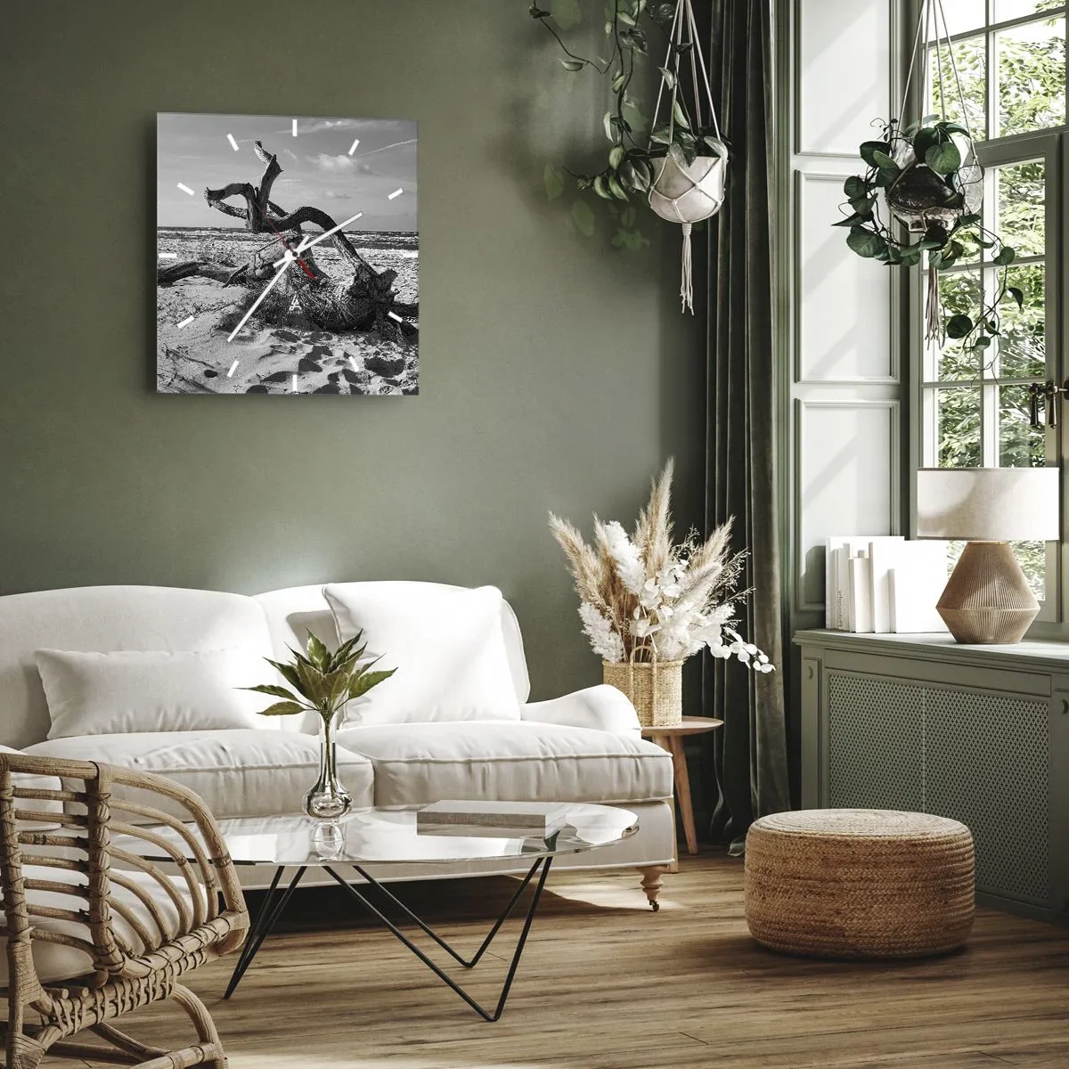 Zegar ścienny - Czarno-biały krajobraz z martwym drzewem na plaży - 30x30cm - Morska rzeźba - Nowoczesna dekoracja ścienna do salonu i sypialni ARTTOR