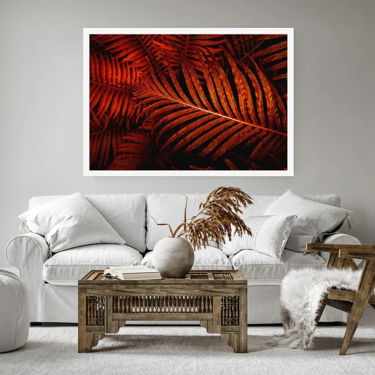 Plakat - Czerwone tropikalne liście w zbliżeniu - 100x70cm - Żar życia - Nowoczesna dekoracja ścienna do salonu i sypialni ARTTOR