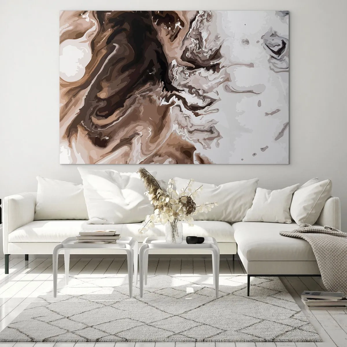 Obraz na szkle - Abstrakcyjny wzór w ciemnych odcieniach brązu i bieli - 70x50cm - Kontredans barw - Nowoczesna dekoracja ścienna do salonu i sypialni ARTTOR