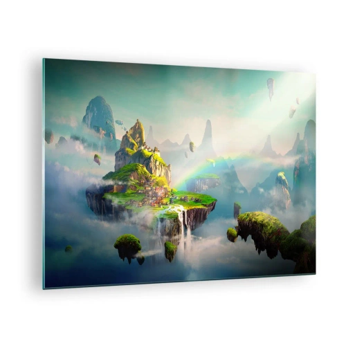 Obraz na szkle - Latające wyspy w chmurach z tęczą i wodospadami - 70x50cm - Śródniebie - wyspy szczęśliwe - Nowoczesna dekoracja ścienna do salonu i sypialni ARTTOR