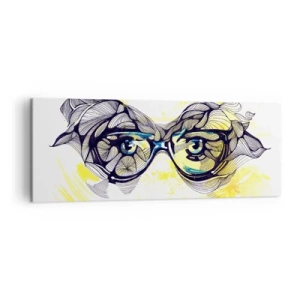 Obraz na płótnie - Artystyczna grafika okularów z wyrazistymi oczami - 140x50cm - Przez błękitne okulary - Nowoczesna dekoracja ścienna do salonu i sypialni ARTTOR