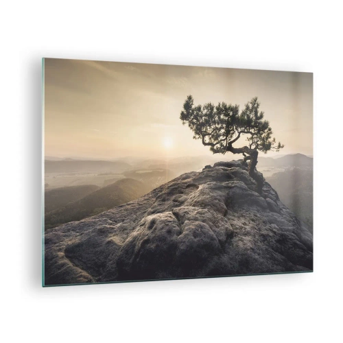 Obraz na szkle - Drzewo na skale w świetle wschodzącego słońca - 70x50cm - Życie zawsze zwycięża - Nowoczesna dekoracja ścienna do salonu i sypialni ARTTOR