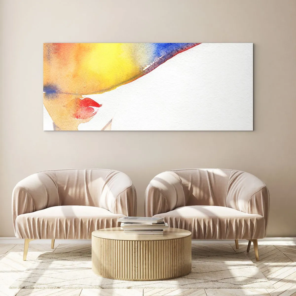Obraz na szkle - Minimalistyczna akwarela kobiecego profilu z kolorowym kapeluszem - 160x50cm - Portret damy - Nowoczesna dekoracja ścienna do salonu i sypialni ARTTOR