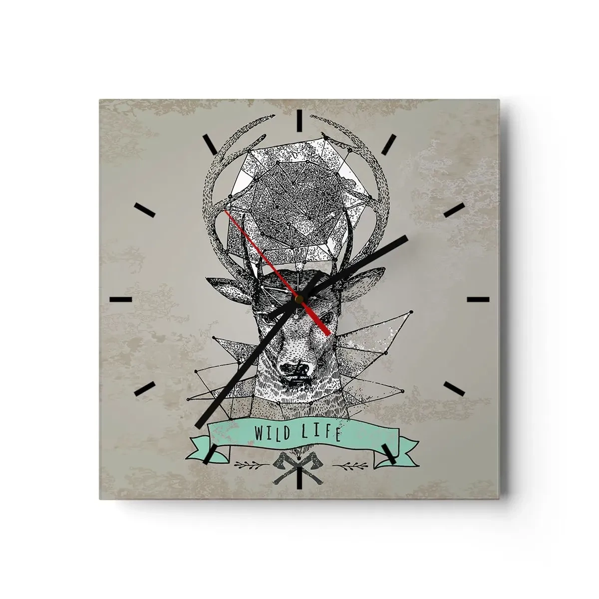 Zegar ścienny - Geometria jelenia z napisem Wild Life w stylu vintage - 30x30cm - Widzenie św. Hubertusa - Nowoczesna dekoracja ścienna do salonu i sypialni ARTTOR