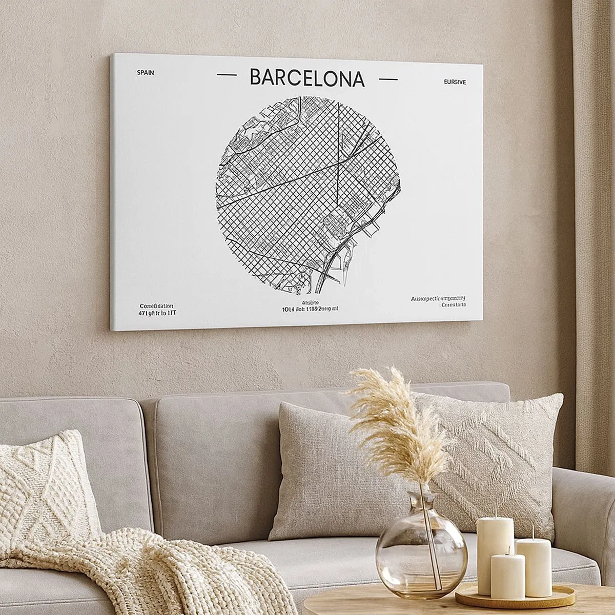 Obraz na płótnie - Mapa Barcelony w minimalistycznym, czarno-białym stylu - 70x50cm - Anatomia Barcelony - Nowoczesna dekoracja ścienna do salonu i sypialni ARTTOR