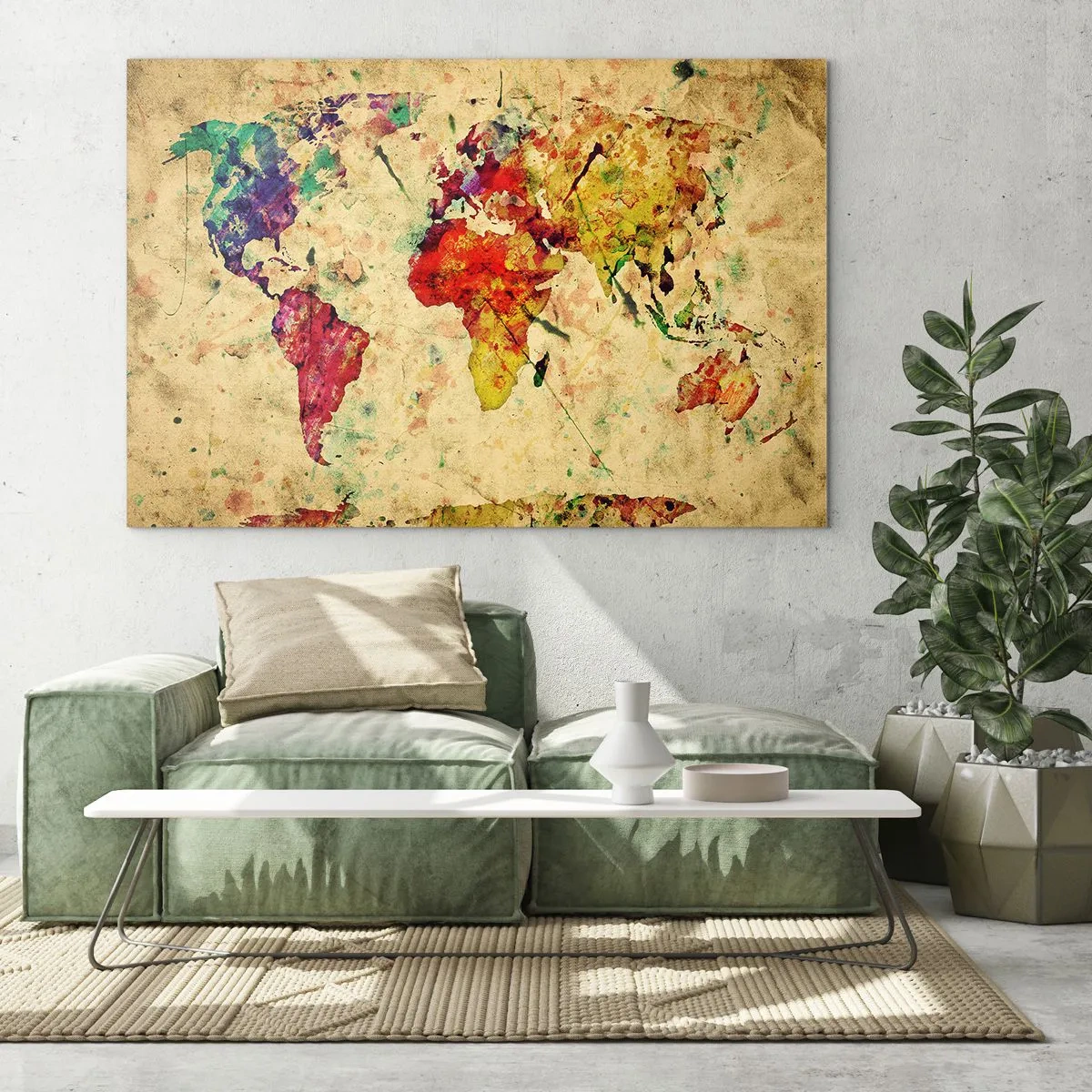 Obraz na szkle - Kolorowa mapa świata na teksturowanym, vintage tle - 70x50cm - Życie jak barwny papier mapy - Nowoczesna dekoracja ścienna do salonu i sypialni ARTTOR