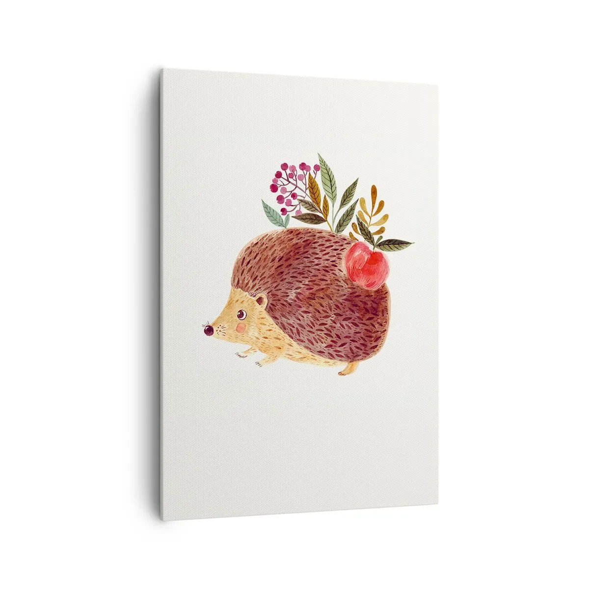 Obraz na płótnie - Uroczy jeżyk z jabłkiem i roślinami w ilustracyjnym stylu - 70x100cm - I już mnie lubisz - Nowoczesna dekoracja ścienna do salonu i sypialni ARTTOR
