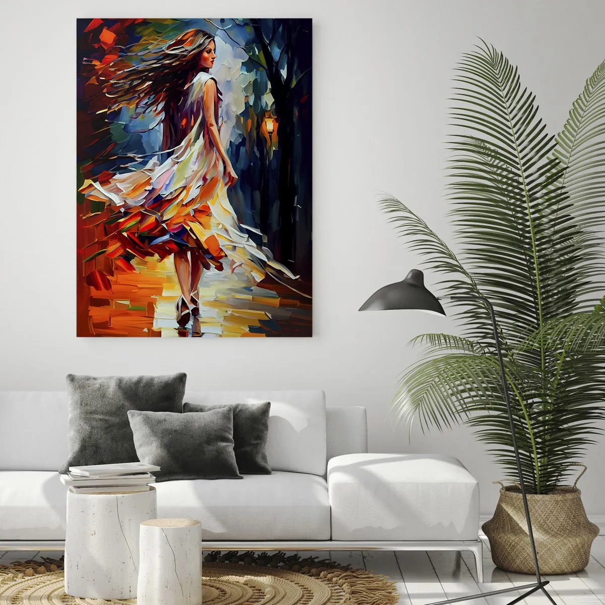 Obraz na szkle - Kobieta w zwiewnej sukni spacerująca nocą po parku w impresjonistycznym stylu - 80x120cm - Jesienna dziewczyna - Nowoczesna dekoracja ścienna do salonu i sypialni ARTTOR