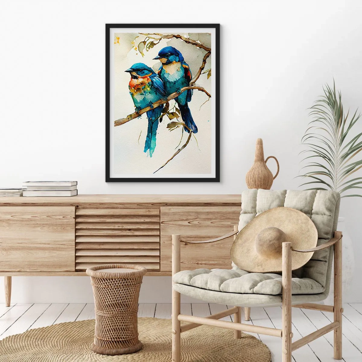 Plakat w czarnej ramie - Akwarelowe ptaki na gałęzi w odcieniach niebieskiego i brązu - 50x70cm - Obraził się? - Nowoczesna dekoracja ścienna do salonu i sypialni ARTTOR