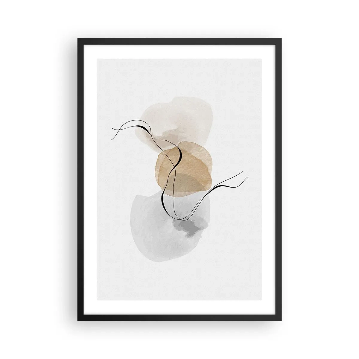 Plakat w czarnej ramie - Abstrakcyjna kompozycja w neutralnych barwach z delikatnymi liniami - 50x70cm - Powietrzne paciorki - Nowoczesna dekoracja ścienna do salonu i sypialni ARTTOR