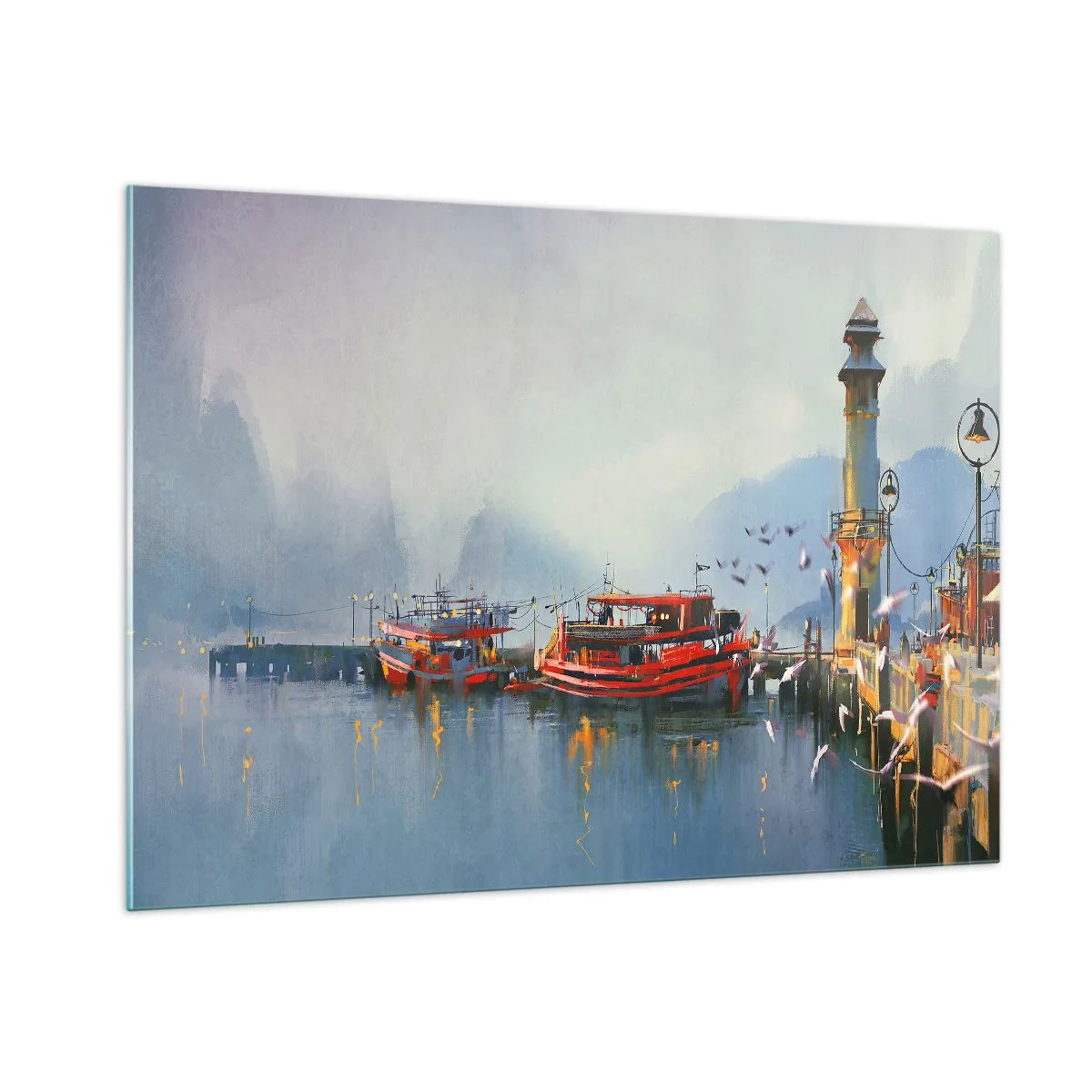 Obraz na szkle - Port z czerwonymi łodziami, latarnią i ptakami na tle gór - 100x70cm - Na końcu świata - Nowoczesna dekoracja ścienna do salonu, kuchni i sypialni ARTTOR