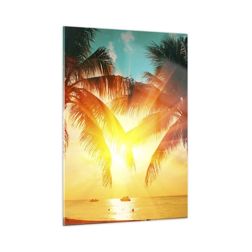 Obraz na szkle - Palmy oświetlone słońcem nad tropikalną plażą - 50x70cm - Egzotyczna para - Nowoczesna dekoracja ścienna do salonu, kuchni i sypialni ARTTOR
