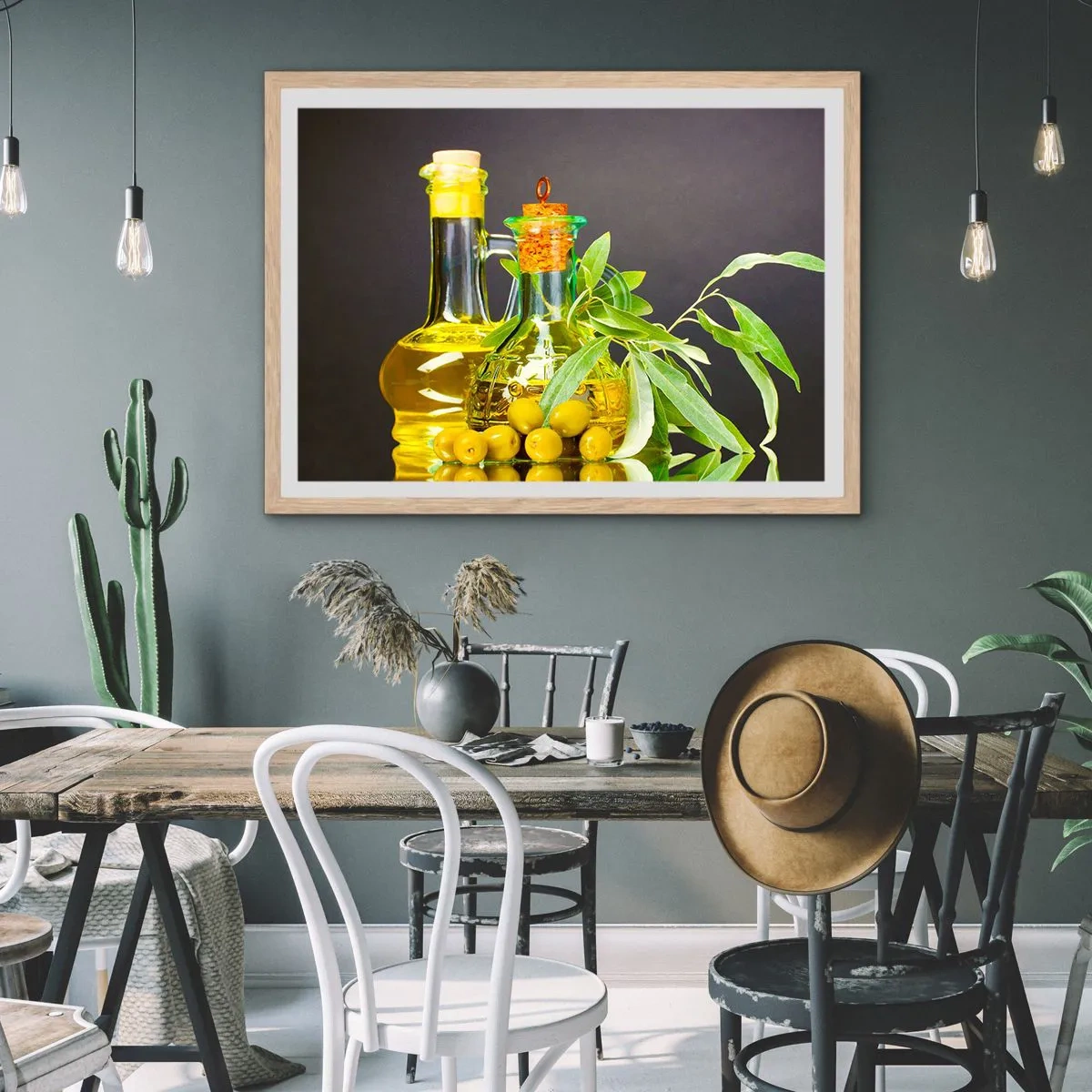 Plakat w ramie jasny dąb - Martwa natura z oliwkami i oliwą - 70x50 cm