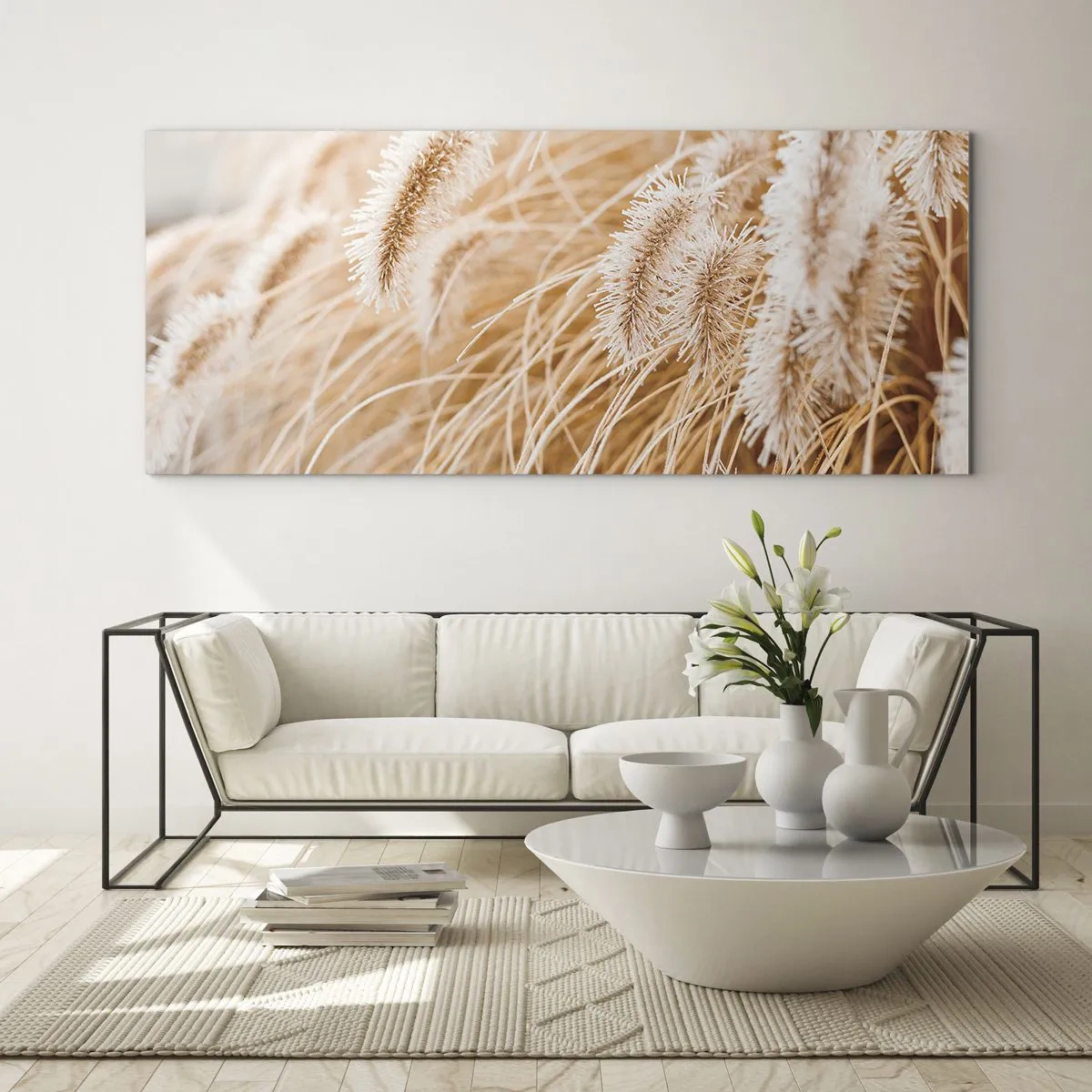 Obraz na szkle - Zbliżenie na złote, delikatne trawy w promieniach słońca - 120x50cm - Złoty szelest traw - Nowoczesna dekoracja ścienna do salonu i sypialni ARTTOR