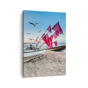 Obraz na płótnie - Łódź rybacka na plaży z czerwonymi flagami i mewami na tle morza - 50x70cm - Zasłużony odpoczynek - Nowoczesna dekoracja ścienna do salonu, kuchni i sypialni ARTTOR