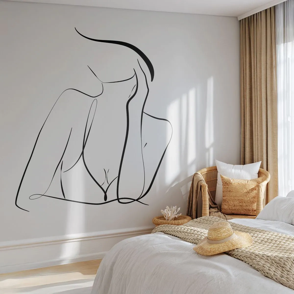Fototapeta Premium Sand - Minimalistyczna linia kobiecej sylwetki na jasnym tle - 100x70cm - Na fali marzeń - Nowoczesna dekoracja ścienna do salonu, kuchni i sypialni ARTTOR