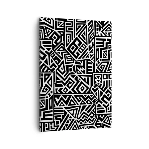 Obraz na płótnie - Czarno-biały wzór geometryczny inspirowany motywami prekolumbijskimi - 50x70cm - Kompozycja prekolumbijska - Nowoczesna dekoracja ścienna do salonu, kuchni i sypialni ARTTOR