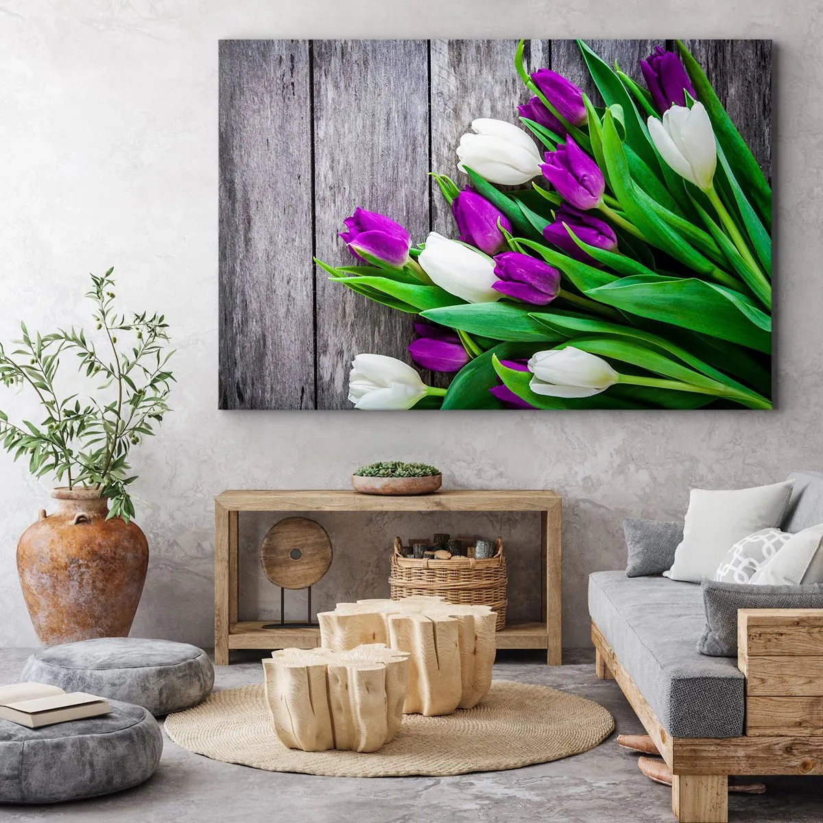 Obraz na płótnie - Bukiet fioletowych i białych tulipanów na drewnianym tle - 70x50cm - W dniu wiosennego święta - Nowoczesna dekoracja ścienna do salonu i sypialni ARTTOR