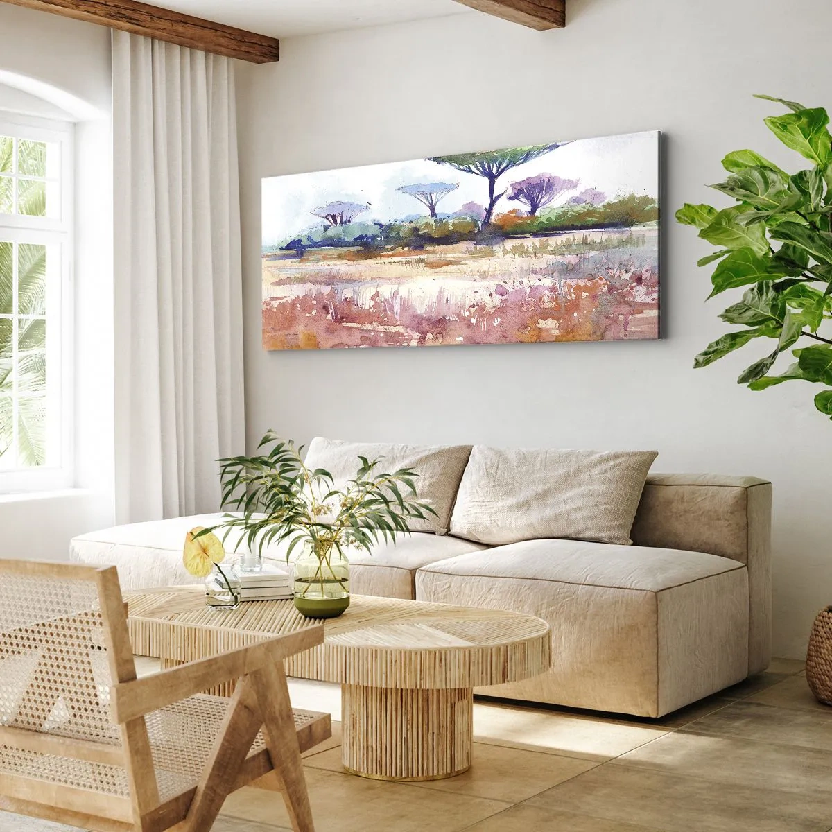 Obraz na płótnie - Malowniczy krajobraz sawanny w akwarelowych barwach - 160x50cm - Kolory sawanny - Nowoczesna dekoracja ścienna do salonu i sypialni ARTTOR