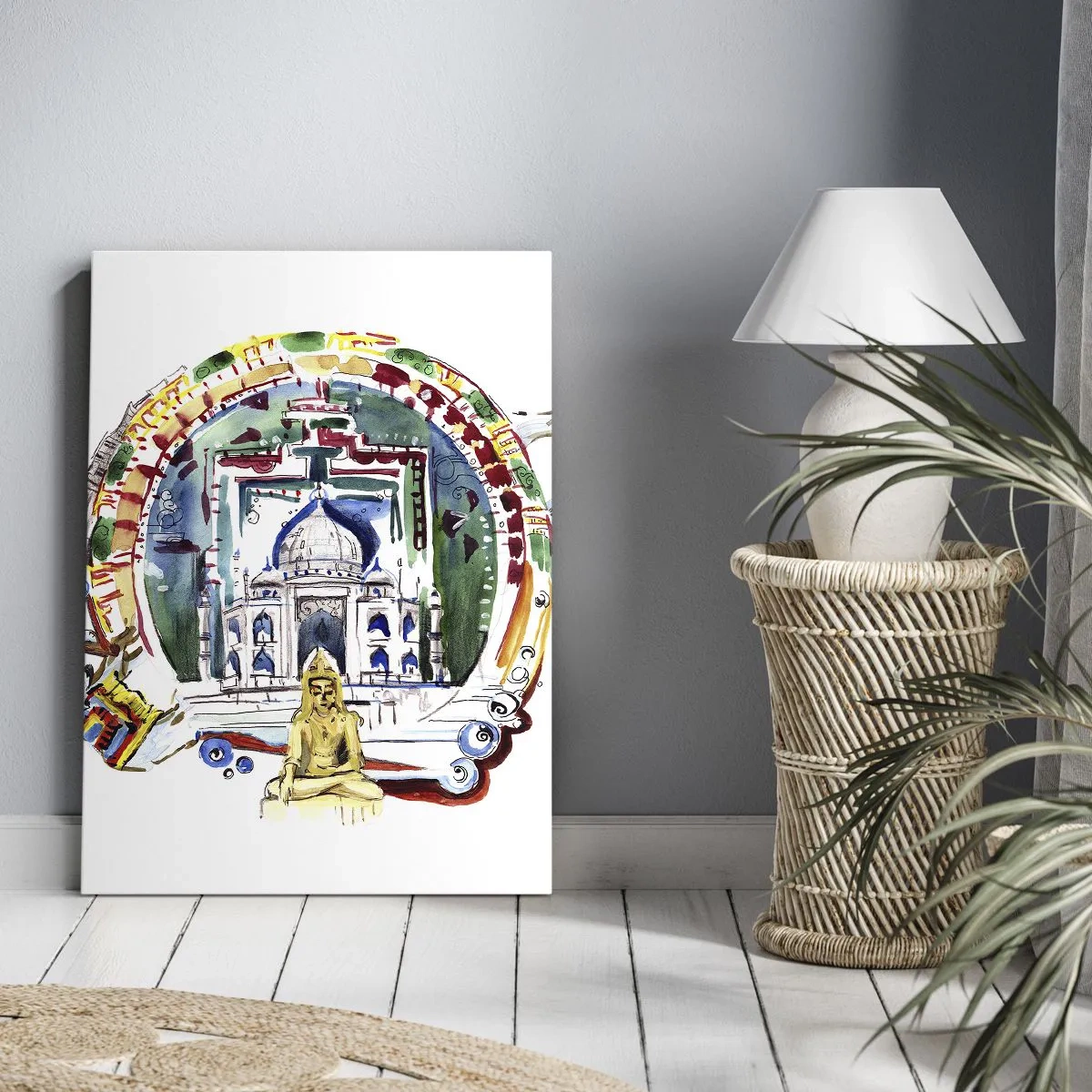 Obraz na płótnie - Kolorowa ilustracja z motywem architektury Indii - 70x100cm - Hinduska równowaga świata - Nowoczesna dekoracja ścienna do salonu i sypialni ARTTOR