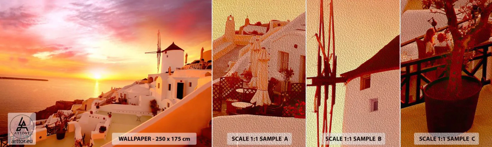Fototapeta Próbka Premium Sand - Rozpłynąć się w bieli i złocie - Krajobraz, Santorini, Grecja - 100x30 cm