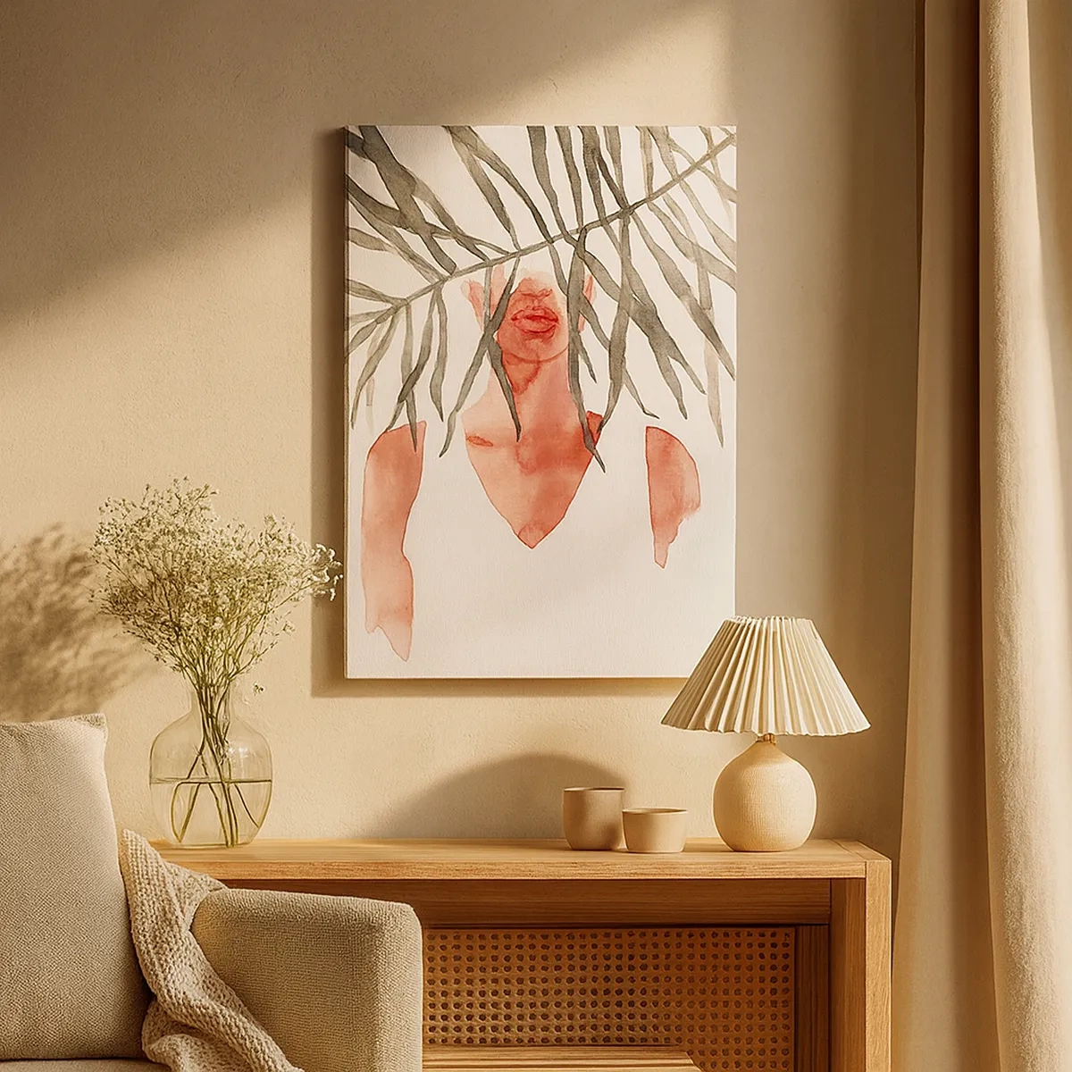 Obraz na płótnie - Sylwetka kobiety w akwarelowym stylu częściowo zakryta liśćmi palmy - 50x70cm - Dama tropików - Nowoczesna dekoracja ścienna do salonu, kuchni i sypialni ARTTOR