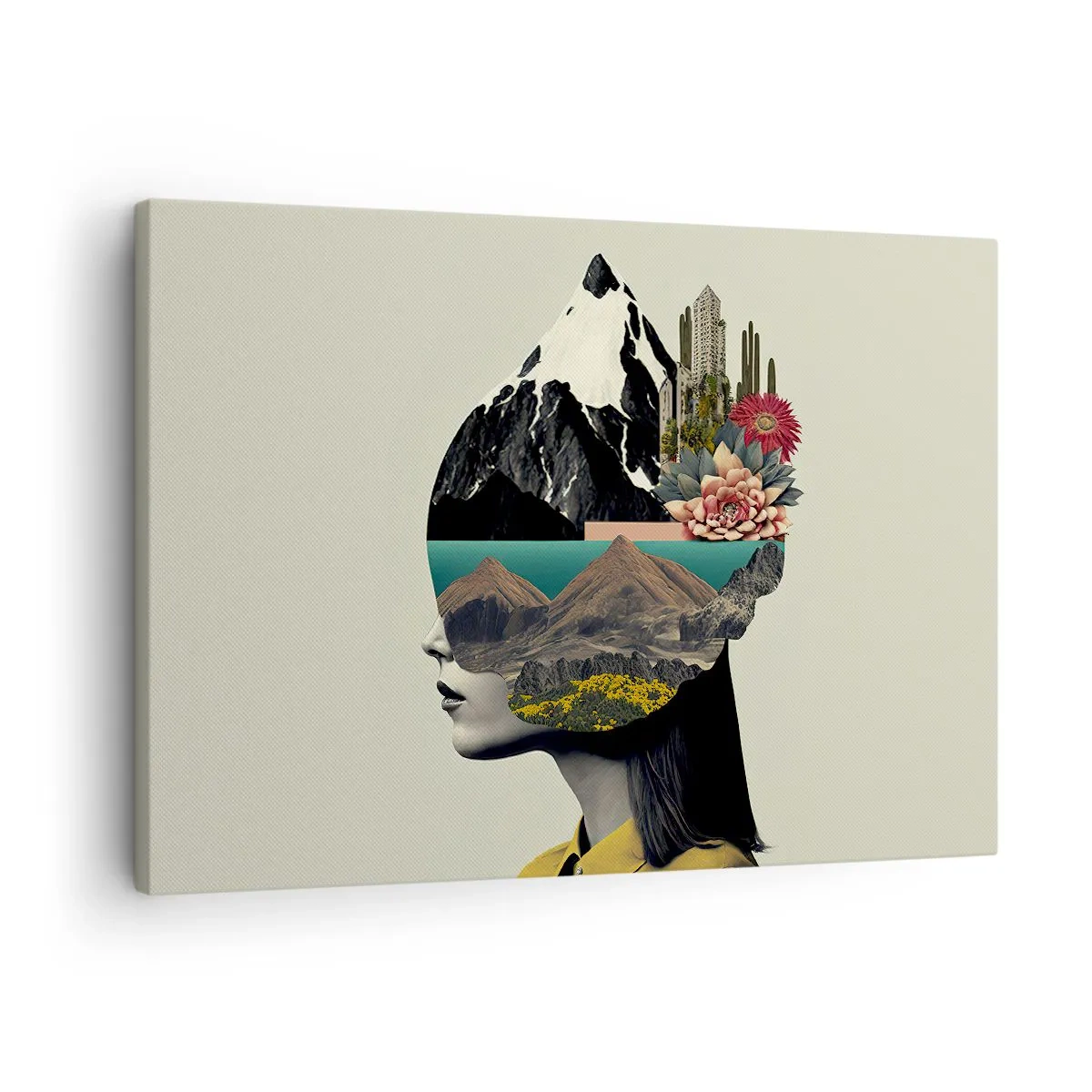 Obraz na płótnie - Kolaż kobiety z krajobrazem górskim i kwiatami - 70x50cm - Kobieta – zawsze tajemnica - Nowoczesna dekoracja ścienna do salonu i sypialni ARTTOR