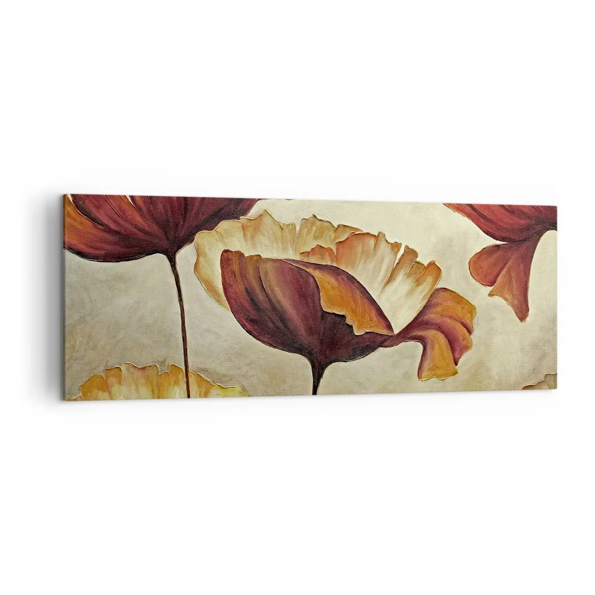 Obraz na płótnie - Subtelne kwiaty w odcieniach czerwieni i złota na jasnym tle - 140x50cm - Łąki łan - Nowoczesna dekoracja ścienna do salonu i sypialni ARTTOR