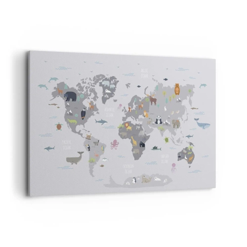 Obraz na płótnie - Mapa świata z ilustracjami zwierząt na szarym tle - 120x80cm - Powiedz mi, skąd jesteś… - Nowoczesna dekoracja ścienna do salonu, kuchni i sypialni ARTTOR