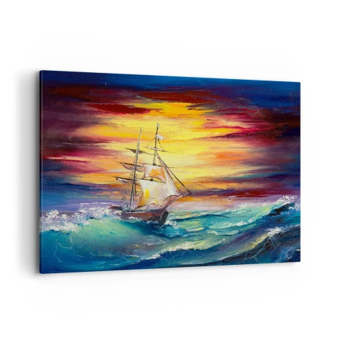 Obraz na płótnie - Żaglowiec na tle kolorowego zachodu słońca - 100x70cm - Dzielnie pod fale - Nowoczesna dekoracja ścienna do salonu, kuchni i sypialni ARTTOR