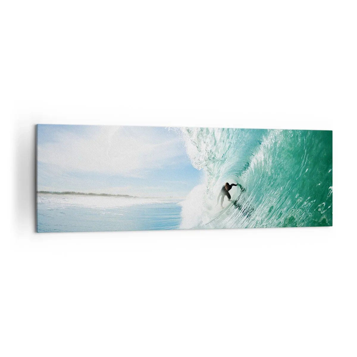 Obraz na płótnie - Surfer na fali w świetle słońca na tle błękitnego nieba - 160x50cm - Zawsze na fali - Nowoczesna dekoracja ścienna do salonu i sypialni ARTTOR