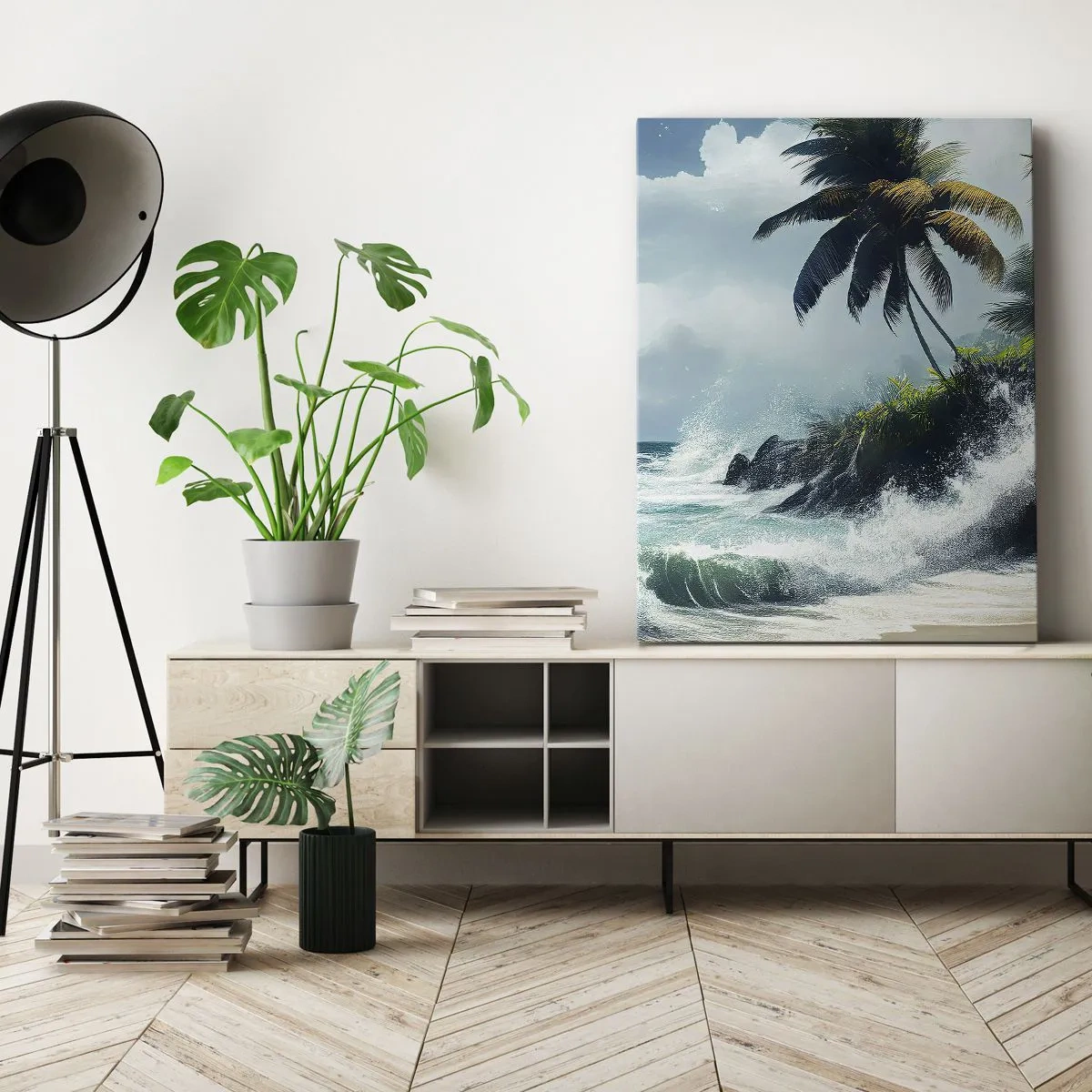 Obraz na płótnie - Malownicza tropikalna plaża z palmami i falami uderzającymi o skały - 50x70cm - Na tropikalnym brzegu - Nowoczesna dekoracja ścienna do salonu, kuchni i sypialni ARTTOR