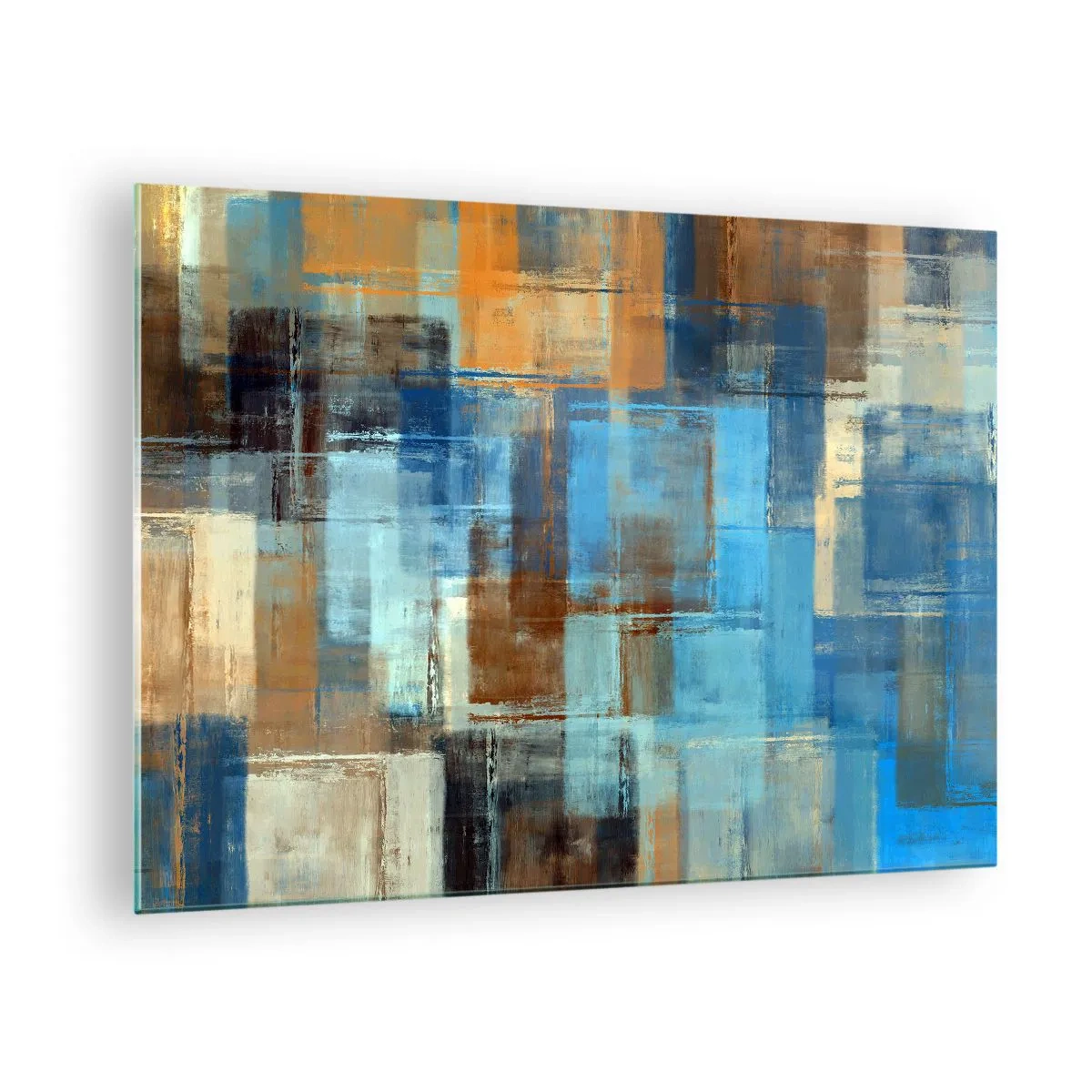 Obraz na szkle - Abstrakcyjna kompozycja geometryczna w odcieniach niebieskiego i brązu - 70x50cm - Przez błękitną zasłonę - Nowoczesna dekoracja ścienna do salonu i sypialni ARTTOR