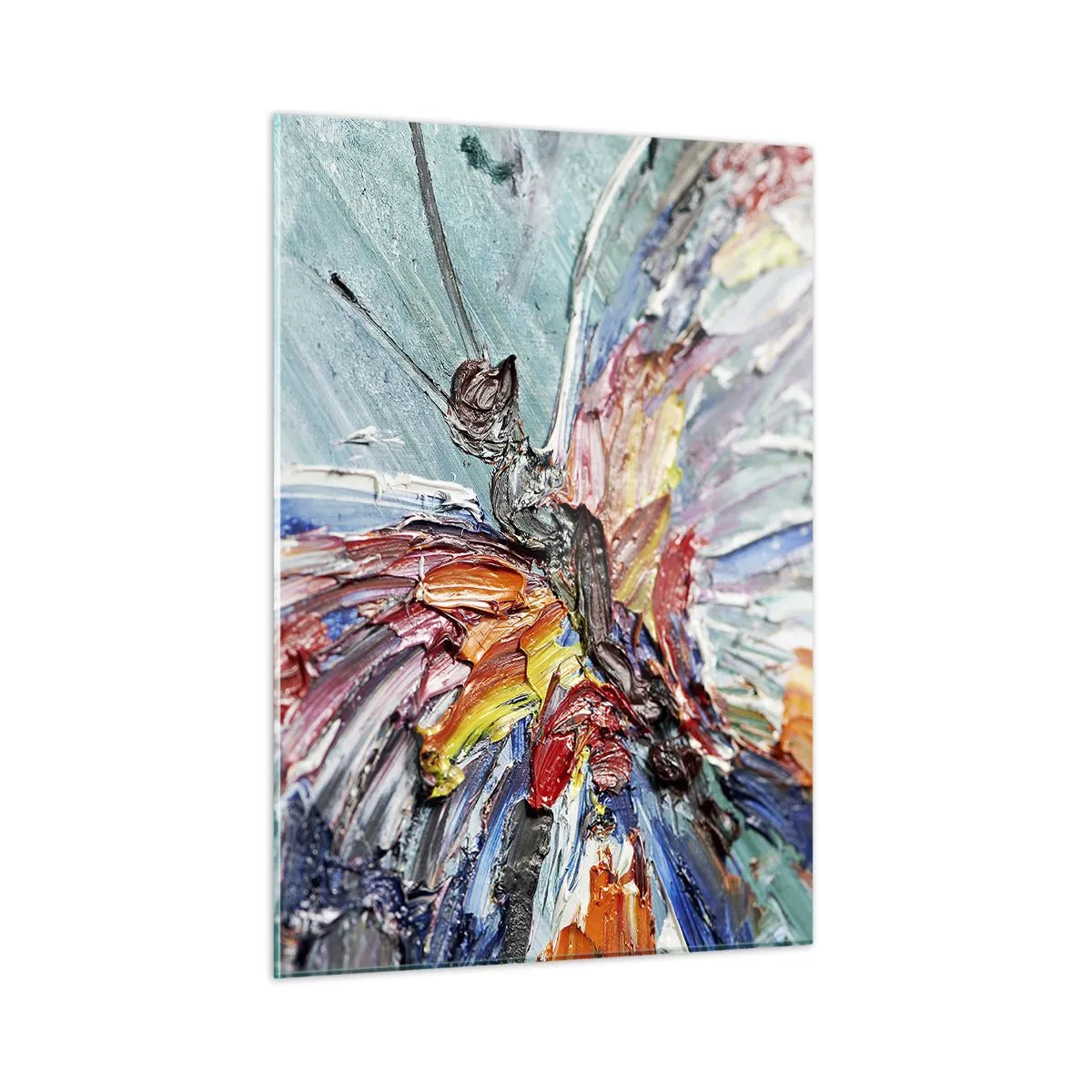 Obraz na szkle - Kolorowy motyl w abstrakcyjnym stylu na błękitnym tle - 50x70cm - Pomalowany przez naturę - Nowoczesna dekoracja ścienna do salonu, kuchni i sypialni ARTTOR