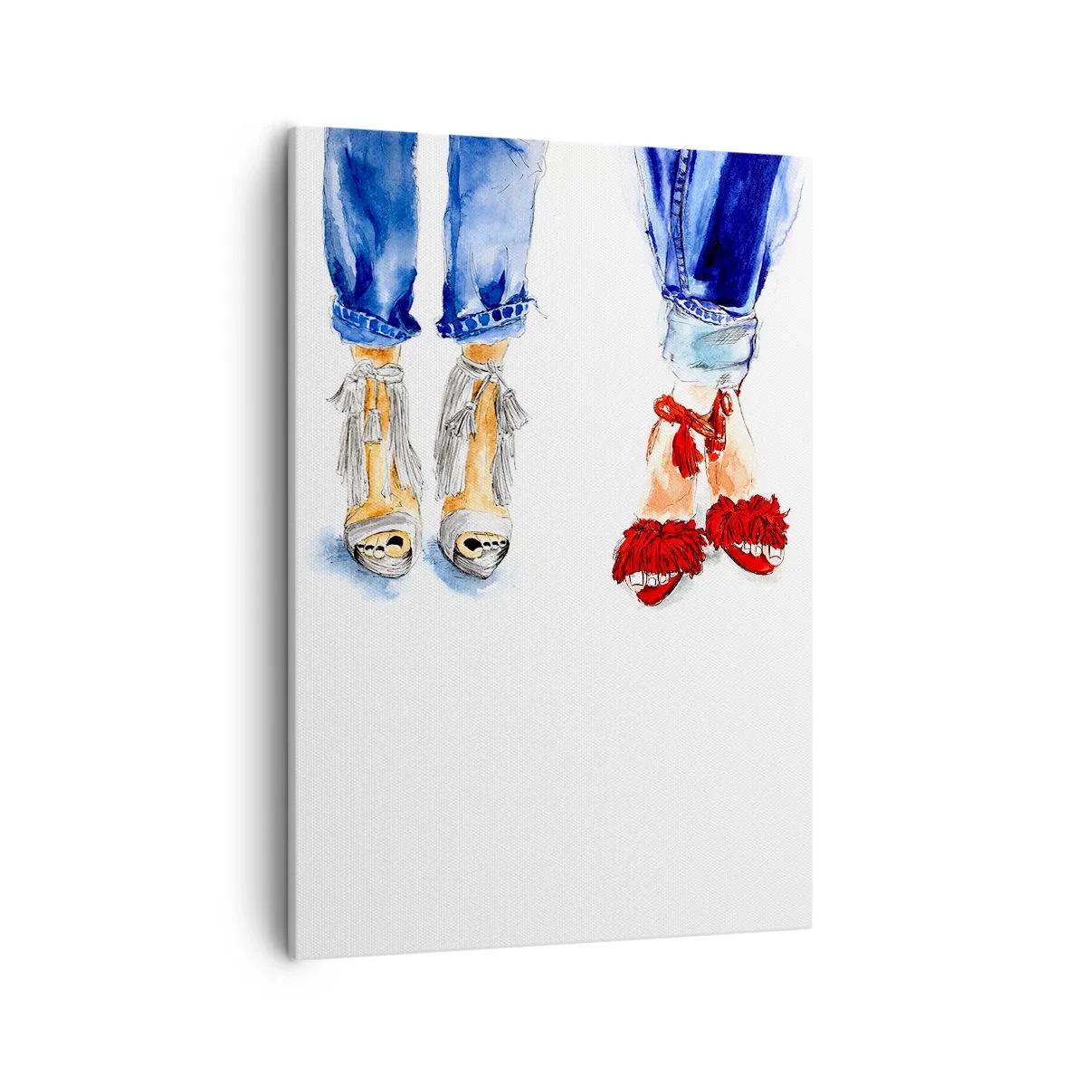 Obraz na płótnie - Stylowa ilustracja damskich butów i jeansów - 50x70cm - Może pójdziemy na spacer? - Nowoczesna dekoracja ścienna do salonu, kuchni i sypialni ARTTOR